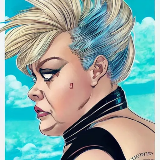 Prompt: a portrait of a fat blonde woman with side profile anime in ocean intricate details by MARVEL comics and Sandra Chevrier