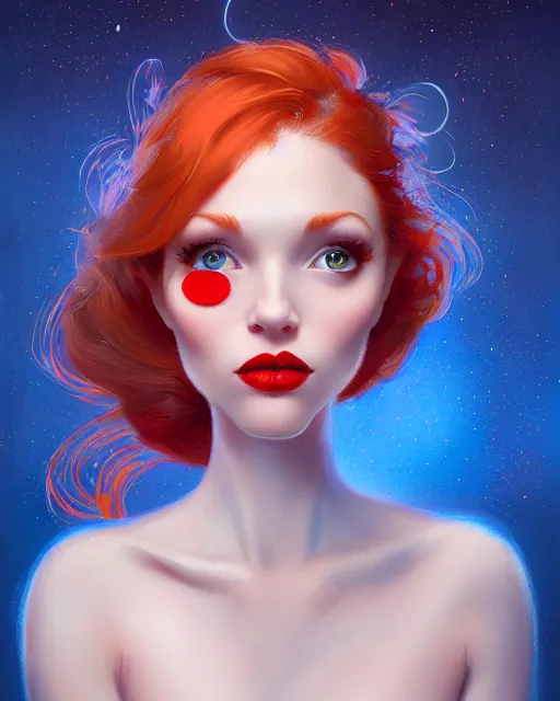 Image similar to cute diner waitress, perfect face, red lipstick, blue dress, ginger hair, cinematic, blush, stunning, symmetrical eyes, highly detailed, psychedelic, digital painting, artstation, smooth, hard focus, illustration, art by jessica rossier and and brian froud
