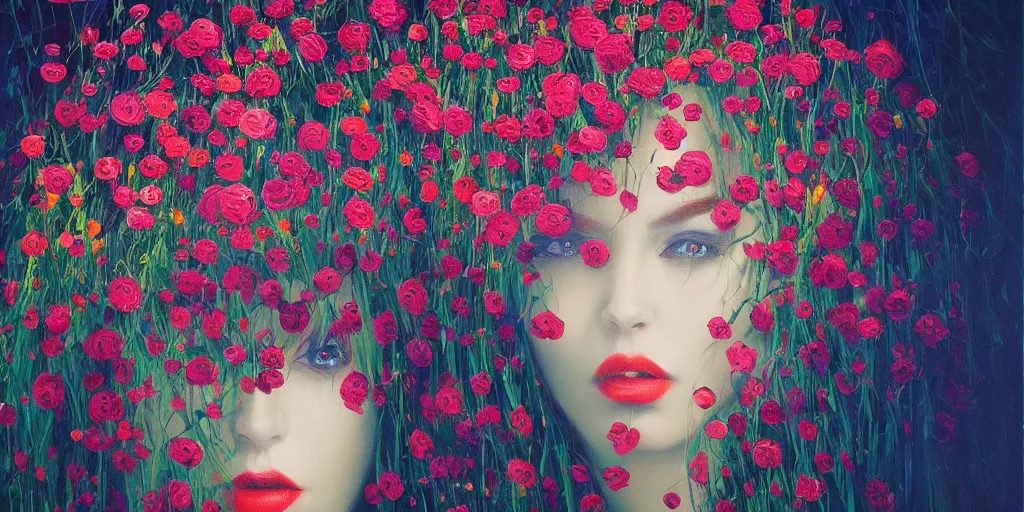 Prompt: retro painting of surreal waiim flowers, by taras loboda, highly detailed, hyperrealism, excellent composition, cinematic concept art, dramatic lighting, trending on artstation