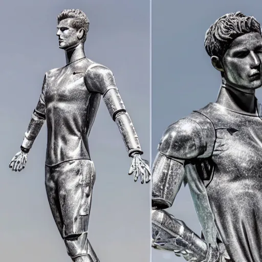 Image similar to a realistic detailed photo of a guy who is an attractive humanoid who is half robot and half humanoid, who is a male android, soccer player timo werner, shiny skin, posing like a statue, blank stare, by the pool, on display, showing off his muscles, humanoid robot, frozen ice statue, made of ice