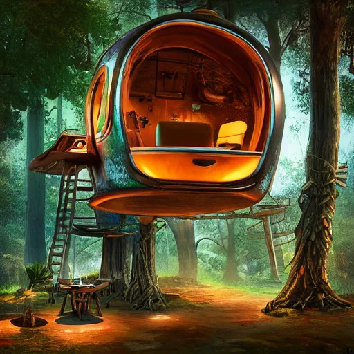 Prompt: futuristic tiki airstream treehouse, fine art, digital painting, atmospheric lighting, center focus, hyperdetailed, photorealistic, 8k, high resolution, velvia, velvety, vibrant colors, insanely detailed and intricate, ray tracing, award winning, featured in artstation, octane render