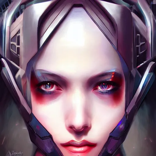 Prompt: portrait of pale smiling cyberpunk girl, cover by Artgerm