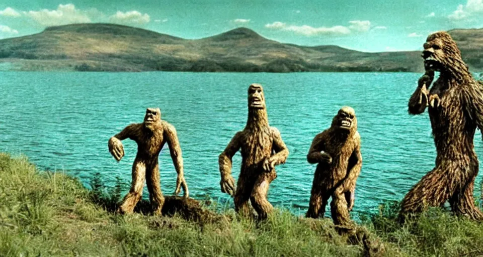 Prompt: scene from the 1 9 5 7 film bigfoot vs the loch ness monster, ray harryhausen, colorized, movie still