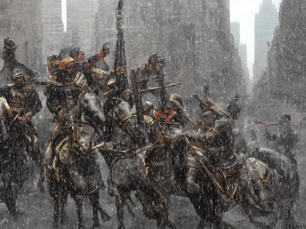 Prompt: column of roman soldiers in rain attacking in New York city