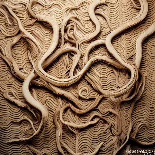 Image similar to tentacles made of brown corrugated cardboard, cut out of cardboard, realistic photography, fantasy