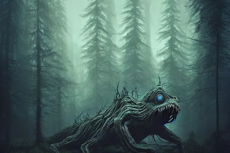 Image similar to creepy eldritch monster in a swedish forest, very low angle photograph, very detailed, trending on artstation, realistic, soft colors, simon stalenhag, lovecraft, horror