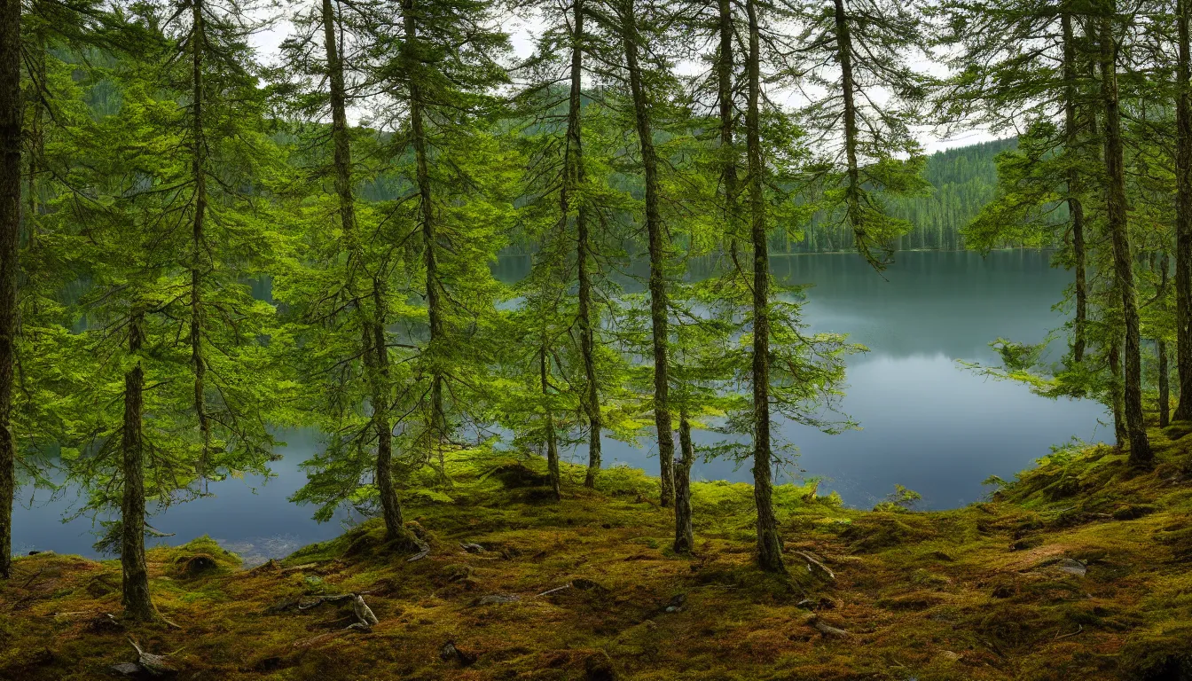 Prompt: eastern european, small lake view from highland, leave less old forest, national park, nature, atmospheric, ambient vibe, very detailed, high resolution, 8 k