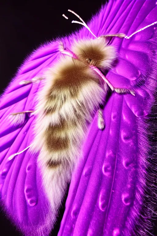 Image similar to high quality macro photo pearlescent furry moth! jeweled gorgeous! highly detailed david ligare elson peter cinematic purple neon lighting high quality low angle hd 8k sharp shallow depth of field