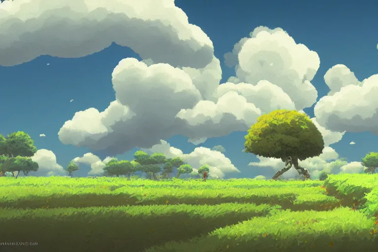 Image similar to landscape, summer, morning, beautiful cloud, quiet, no people, Ghibli, Anime Background, Miyazaki Hayao, concept art, illustration,smooth, sharp focus, intricate, super wide angle, trending on artstation, trending on deviantart, pixelart, pixelperfect, pixel art, pixel, color limit
