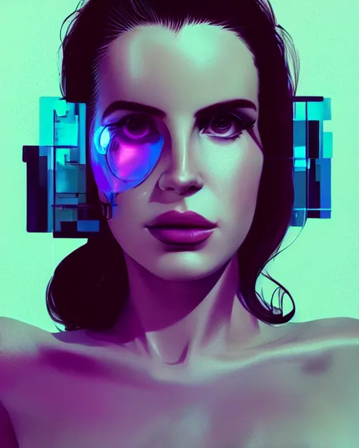 Image similar to portrait of lana del rey as a cyborg. intricate abstract. intricate artwork, by tooth wu, wlop, beeple, dan mumford. concept art, octane render, trending on artstation, greg rutkowski very coherent symmetrical artwork. cinematic, key art, hyper realism, high detail, octane render, 8 k, iridescent accents