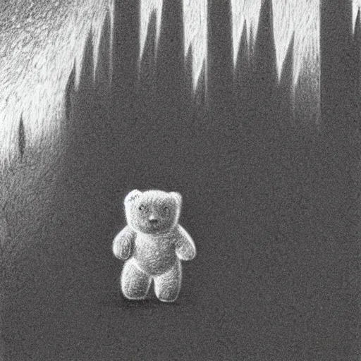 Image similar to charcoal drawing of a small bear in front of a hedge maze, the bear is white, illustrated by chris van allsburg, illustration, masterful, volumetric light, subdued, greyscale