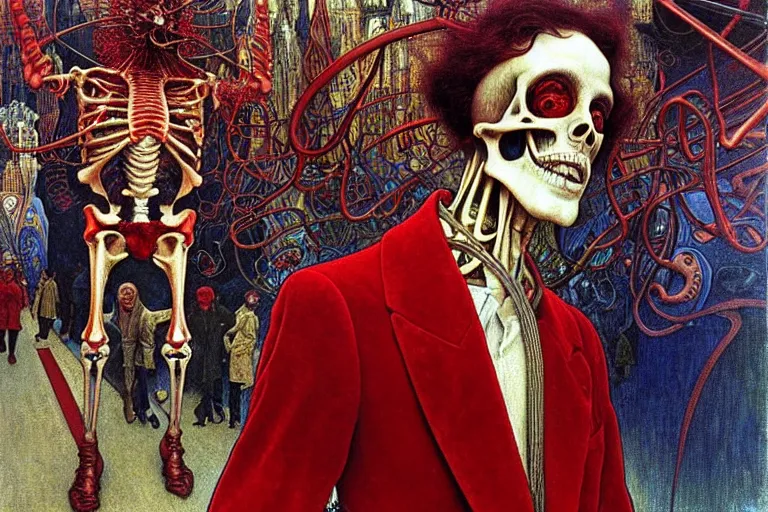 Image similar to realistic detailed closeup portrait painting of a single skeleton wearing red velvet blazer in a crowded futuristic moscow street by Jean Delville, Amano, Yves Tanguy, Alphonse Mucha, Ernst Haeckel, Ilya Repin, Edward Robert Hughes, Andrei Tarkovsky, Roger Dean, rich moody colours, blue eyes