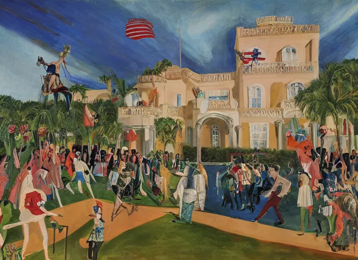 Prompt: Mar-a-Lago estate under siege by otto dix