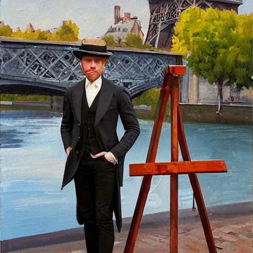 Image similar to ewan mcgregor is standing by the river seine on a bridge in the morning. he is wearing a gentleman ´ s outfit with a bowler hat. next to him at his feet is lying a brown cat. ewan mcgregor is painting a canvas that is put on an easel. morning light. early 2 0 th century paris. vivid colours, digital art