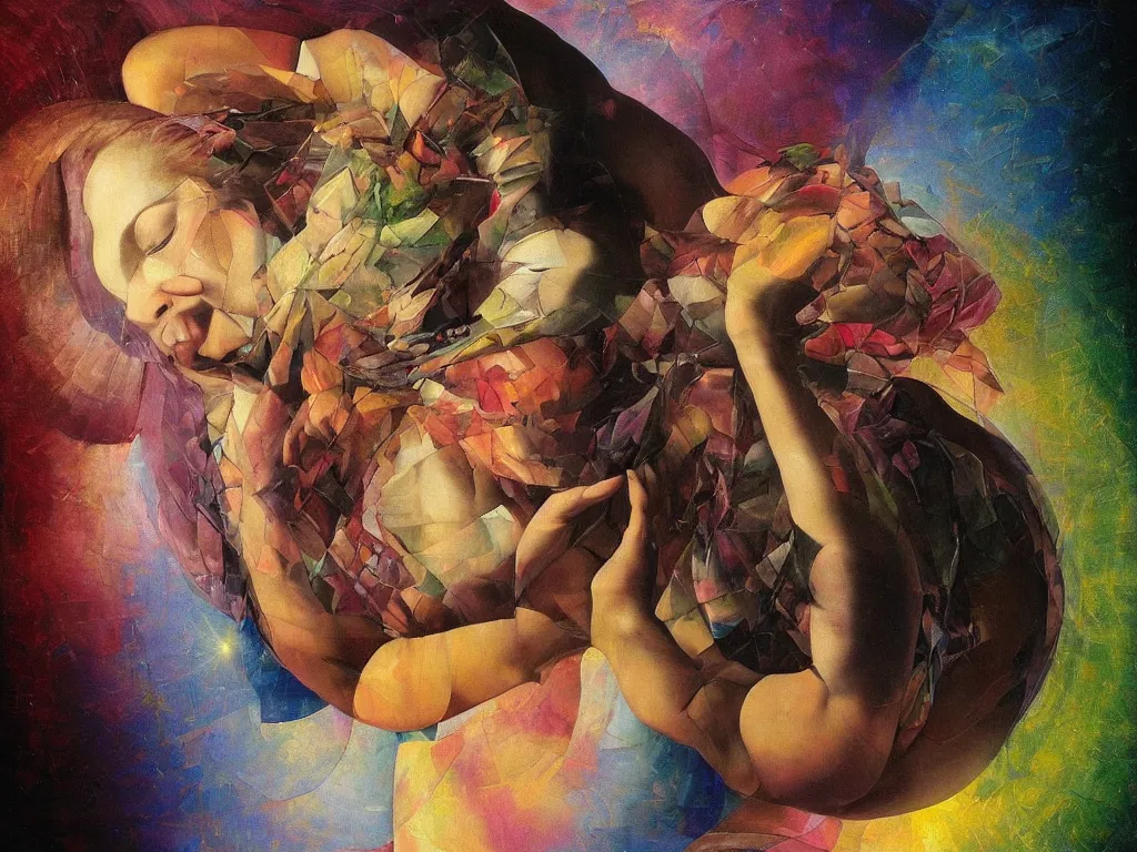 Image similar to hyperrealistic still life painting of a calm goddess, divine feminine, surrender, wrapped in fabric and gently smiling, surrounded by refracting reflecing rainbow prisms in a tesseract, botanical print, surrealism, vivid colors, serene, golden ratio, sacred geometry, abstract impasto brushtrokes, by Caravaggio, rule of thirds