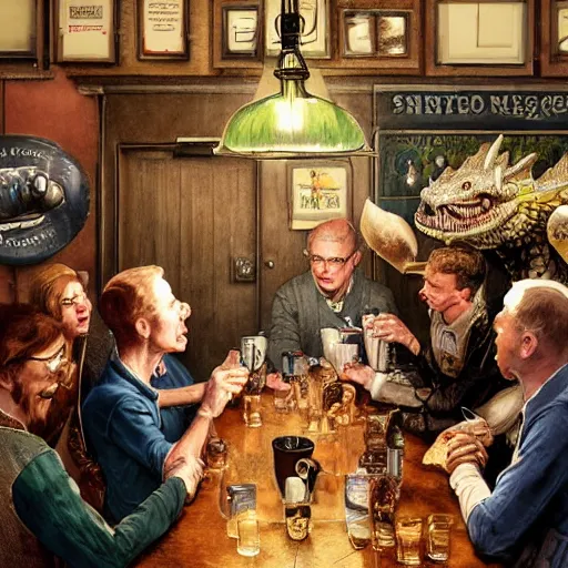 Prompt: dragwads, british dragons, ultraterrestrial dragons, english dragons drinking tea and gin at the local pub, subsurface scattering, soft colors, don't look out the front door no matter what you do, drawn by norman rockwell, thomas kinkade, greg rutkowski, artgerm,