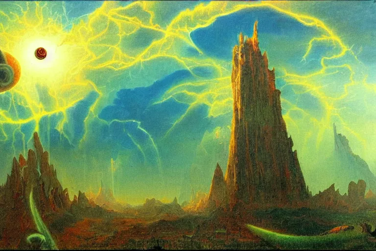 Image similar to mesozoic cosmic upheaval turmoil landscape in the style of dr. seuss, tower of babylon, painting by albert bierstadt