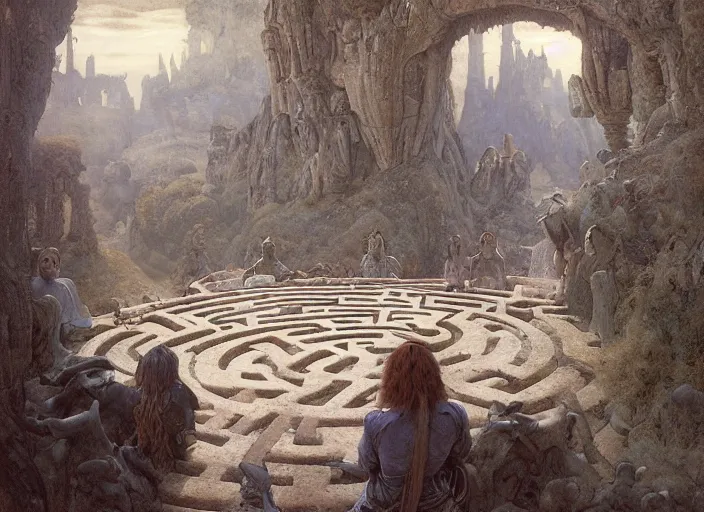 Image similar to jim henson's labyrinth at dawn. the maze of stone corridors is spread out over the hills surrounding the goblin king's castle by edgar maxence and caravaggio and michael whelan and delacroix style, artistic, intricate painting, cinematic lighting, hyper realistic, extremely detailed, establishing shot, 8 k resolution, dramatic lighting