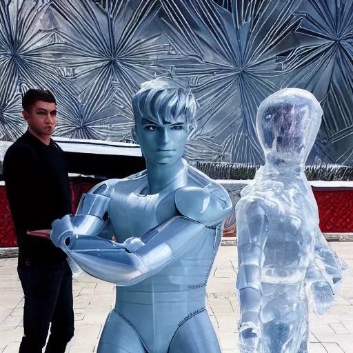 Image similar to made of ice, a realistic detailed photo of a guy who is an attractive humanoid who is half robot and half humanoid, who is a male android, on display, blank stare, showing off his muscles, shiny skin, posing like a statue, by the pool, frozen ice statue, f 1 driver max verstappen, humanoid robot