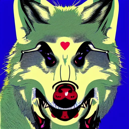 Prompt: portrait of retarded wolf, funny, squint eyes, rabies, propaganda style, vivid colors, poster style, he he