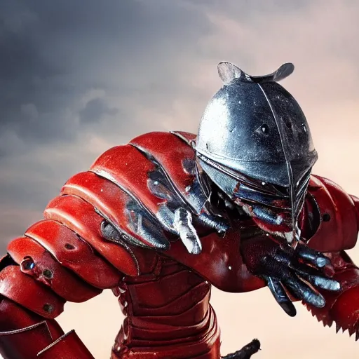Prompt: a photo of the Lobster Knight with a claw arm and a human arm holding a sword, 8k, hyper realistic,fine details, foreboding
