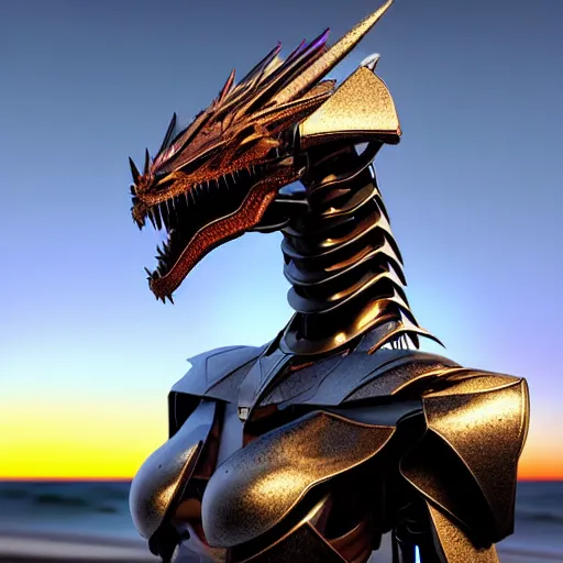 Image similar to chest up bust shot, realistic detailed stunning beautiful armored anthropomorphic humanoid female robot dragon, looking to the side with an elegant pose, smooth and streamlined armor and design made of steel, sharp claws and sharp teeth, high quality head, Slick LEDs, standing on two legs, on the beach during sunset, high quality, cinematic art, sunset lighting, 3D render, 8k, artstation, deviantart, furaffinity
