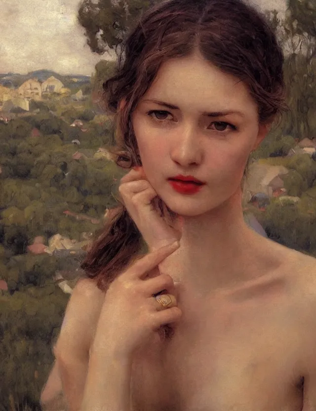 Prompt: tempting peasant girl with deep seductive décolleté looking in the camera, on a village, high angle view, portrait, Cinematic focus, Polaroid photo, vintage, neutral colors, soft lights, foggy, by Steve Hanks, by Serov Valentin, by lisa yuskavage, by Andrei Tarkovsky 8k render, detailed, oil on canvas