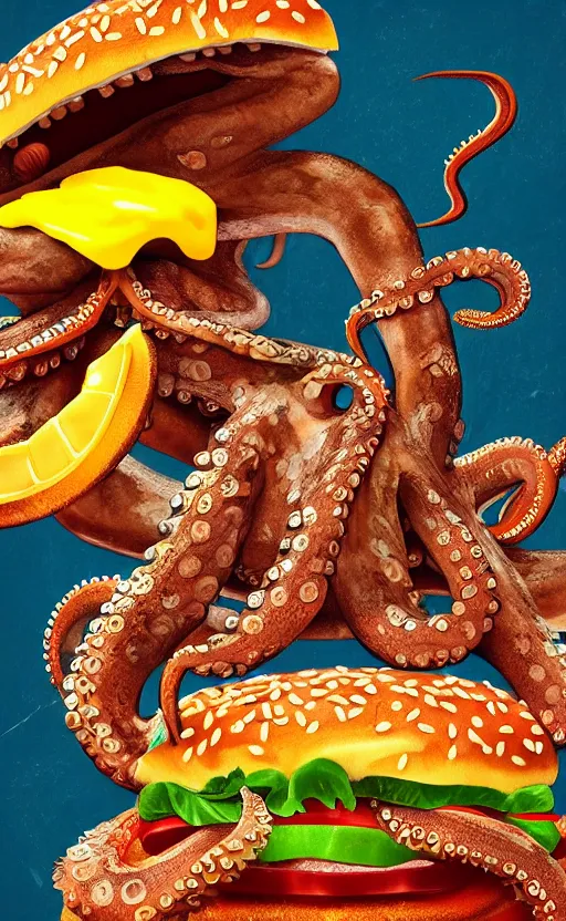 Image similar to highly detailed illustration of octopus attacking a cheeseburger, poster, symmetrical, 8 k, trending on artstation