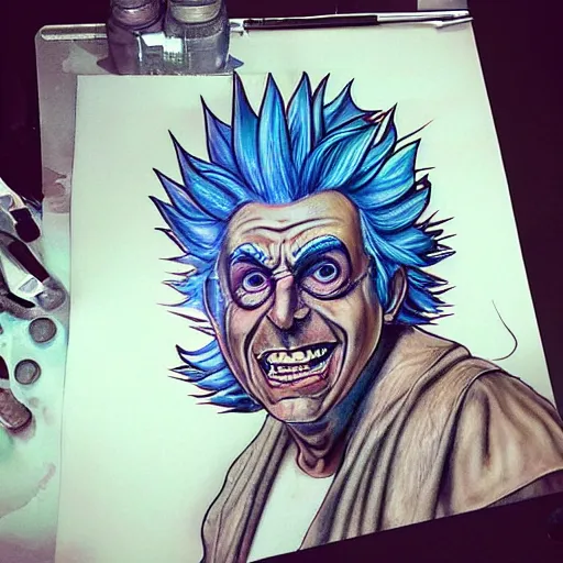 Image similar to rick sanchez art piece from best tattoo artist, realistic color by, on mat paper, winning, alltime favorite, instagram