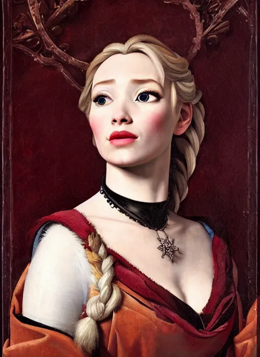 Image similar to a masterwork portrait of elsa from frozen in the style of a renaissance painting, insane detail, chiaroscuro oil painting, jan matejko, caravaggio, jan van eyck, trending on artstation, artgerm