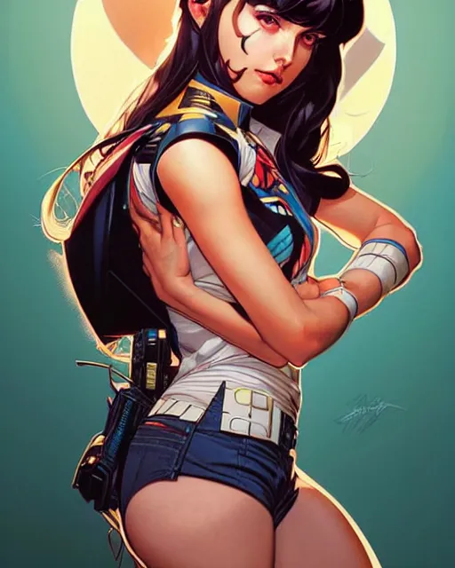 Prompt: artgerm, joshua middleton and sandra chevrier comic cover art, full body cute young lady, matching eyes, bangs, rim lighting, vivid colors