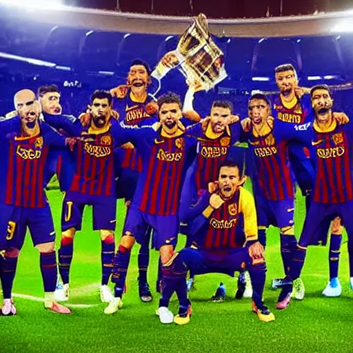 Image similar to fc barcelona team raising a lever as a trophy