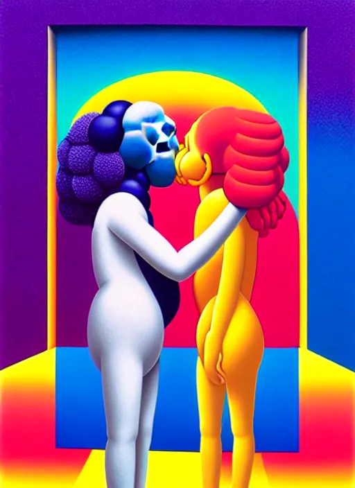 Image similar to kissing by shusei nagaoka, kaws, david rudnick, airbrush on canvas, pastell colours, cell shaded!!!, 8 k