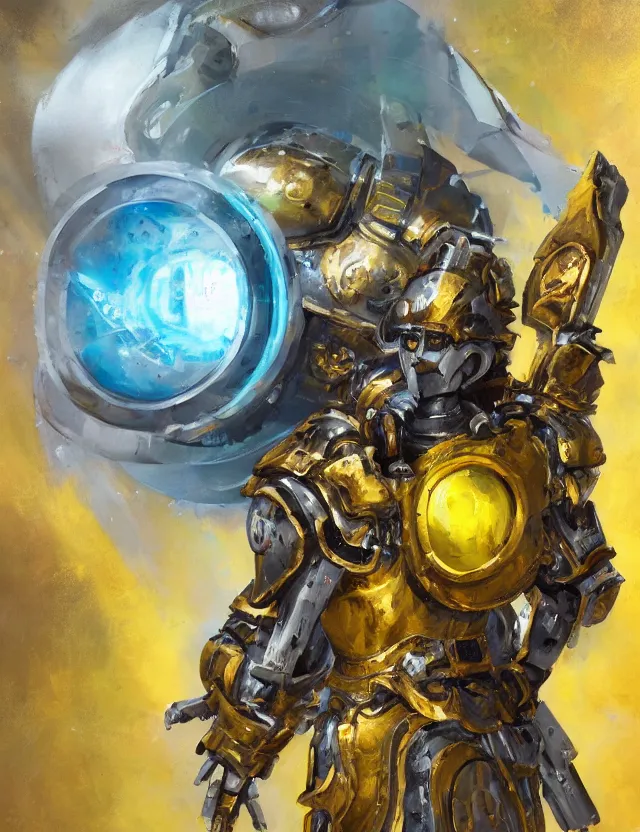 Prompt: full body, attack position abstract John Chamberlain painting in lush fantasy environment of a ornate holy mechanical warforged with circular glowing eye, character in yellow armor holding a legendary paladin engraved holy great longsword and carrying a huge heavy paladin shield, vertically flat head, face in focus, epic , trending on ArtStation, masterpiece, cinematic lighting