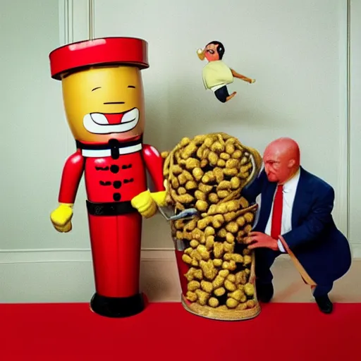 Image similar to a real life mr peanut being crushed to death by a huge nutcracker. he is in excruciating pain. high definition. extremely gory. graphic horror. ultra realistic. vhs quality.