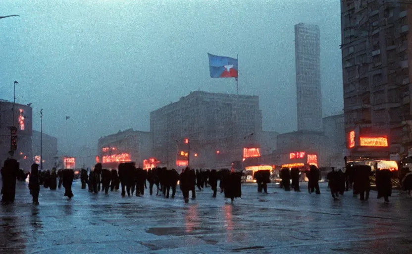 Image similar to 40s movie still of a sovietic street with pedestrians with stanilist style highrise in the backround , Cinestill 800t 18mm, heavy grainy picture, very detailed, high quality, 4k panoramic, HD criterion, dramatic lightning, streetlight at night, rain, mud, foggy, soviet flags