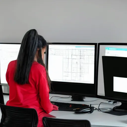 Image similar to a baby girl working CAD computer drafting, civil engineer, sitting at a desk