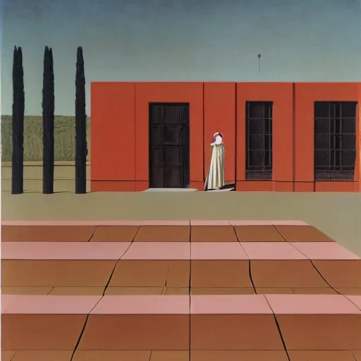 Prompt: problem of evil, godless, symbolic, freudian, by de chirico and magritte and paula rego and neo rauch