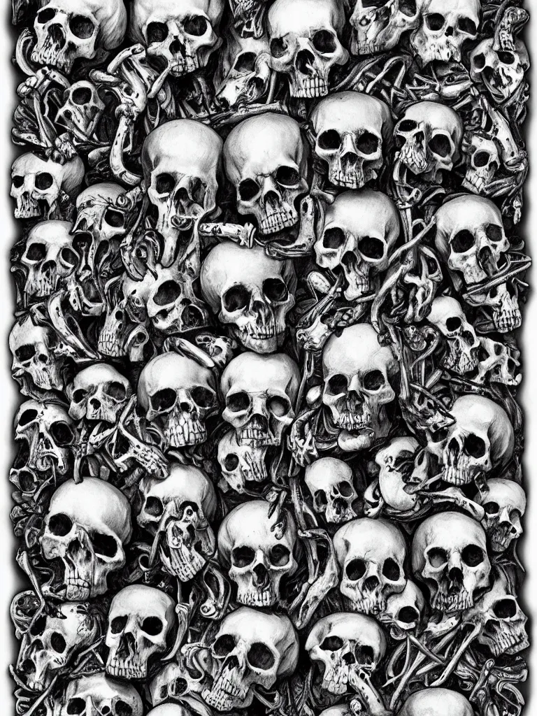 Prompt: Hyper-realistic black and white Valentine's Day card made of skulls and bones by H.R. Giger