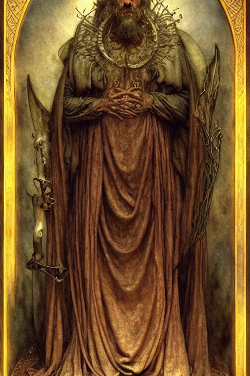 Image similar to a portrait of st cyprian by wayne barlowe, gustav moreau, goward,  Gaston Bussiere and roberto ferri, santiago caruso, and austin osman spare, ((((occult art))))