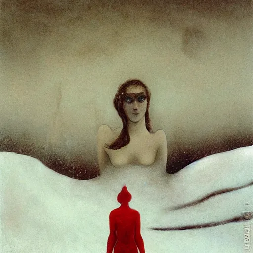 Image similar to a surrealist painting of a lonely woman with white skin and red hair standing over pile of bodies in post apocalyptic snowy landscape, painted by beksinski