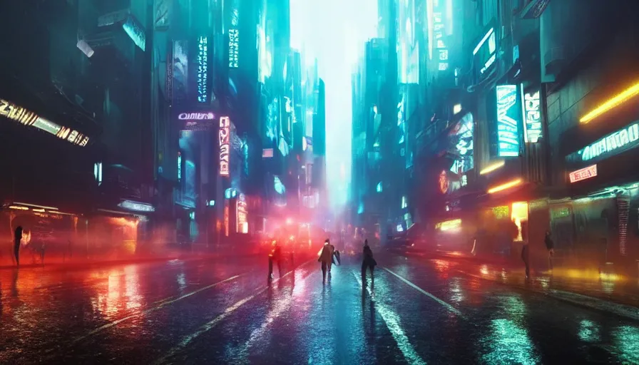 Prompt: street from bladerunner 2049, neon lights, rain, flying cars, people walking