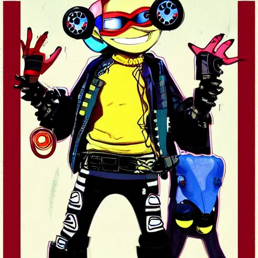 Image similar to a cybergoth guy wearing goggles and eccentric jewelry by jamie hewlett :: full body character concept art, full body, detailed