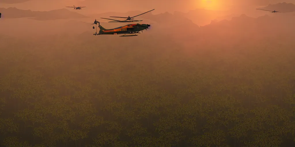 Image similar to Painting of vietnam Huey Helicopters, above a forest, orange sun set, abstract, realism, high details, glow, far, distance, over the horizon, drawn, 8k, octane render, 3D