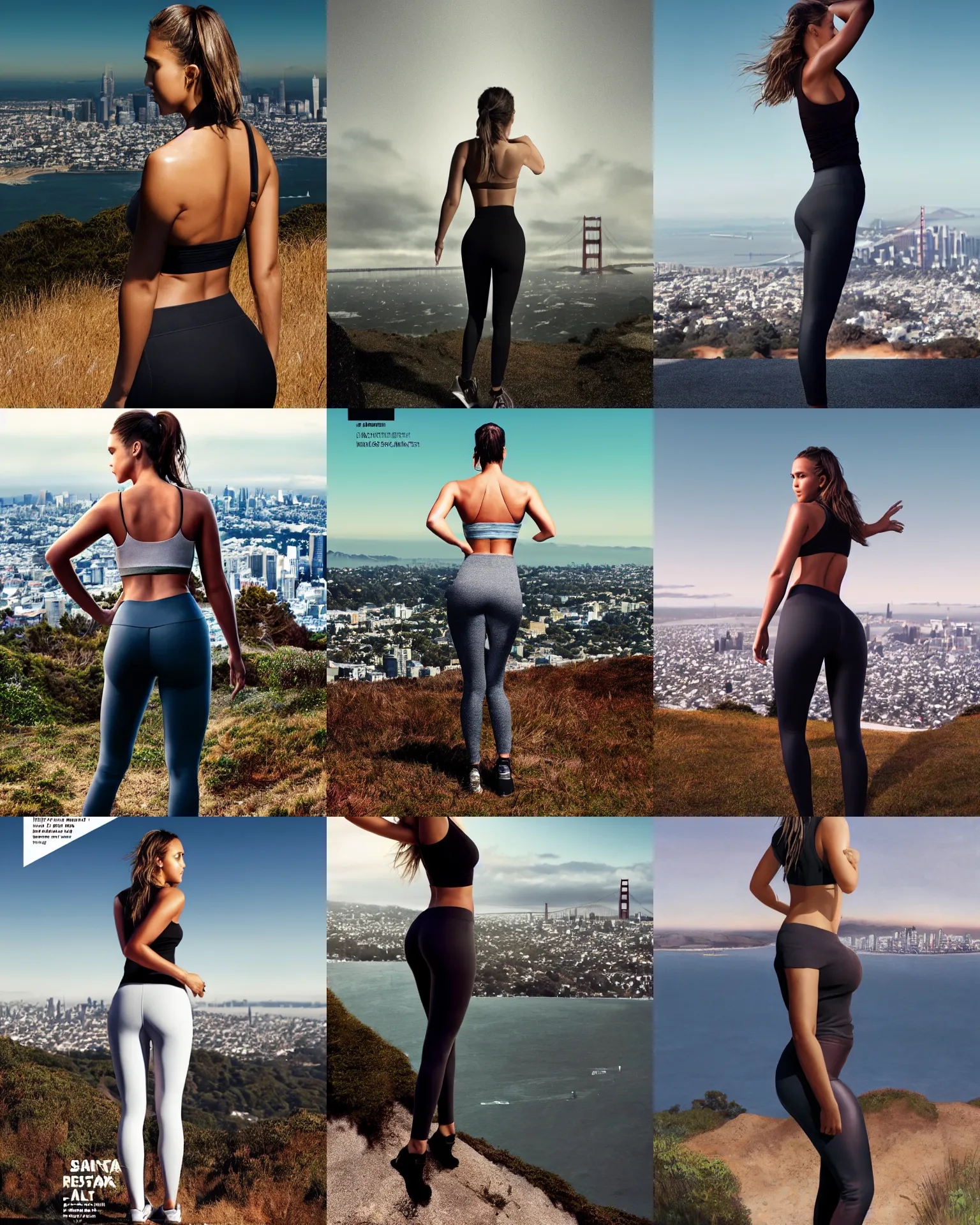 Prompt: magazine cover full body portrait of sweaty jessica alba in a powerful standing pose from behind, overlooking SF from twin peaks, facing away from the camera, thin leggings :: trending on artstation, morning, photoreal, ue5, anime girl, :: nixri, Greg rutkowski, wlop, ::