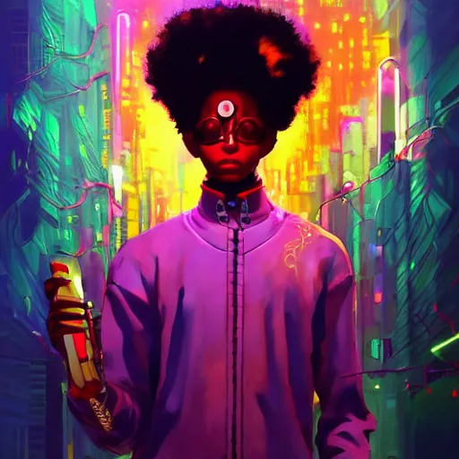Prompt: afro - cyberpunk deities unseen amongst their creations, a society manifesting dreams with cosmic ancestral magic in a post - modern techno world | hyperrealistic oil painting | by makoto shinkai, ilya kuvshinov, lois van baarle, rossdraws, basquiat | afrofuturism, in the style of surrealism, trending on artstation | dark color scheme