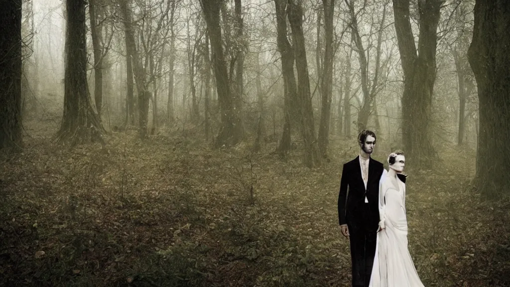 Image similar to eerie atmospheric symmetrical vogue wedding photography in a forest by paolo roversi