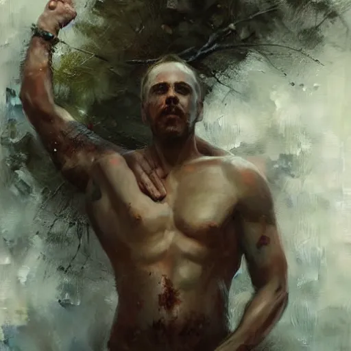 Image similar to tree comming out of man's chest, paint by Raymond Swanland