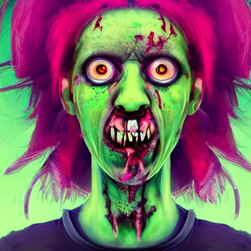 Prompt: a very detailed portrait of an angry zombie baby with bulging eyes, exaggerated proportions, cyan and fuchsia punk hair, by sam spratt, loish, tristan eaton, forward facing, symmetrical composition, vibrant colors, 8 k resolution, trending on cgsociety, volumetric lighting, unreal engine, octane render, realism