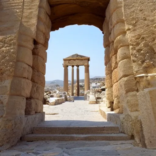 Prompt: monumental gateway of the temple of apollo, island of naxos